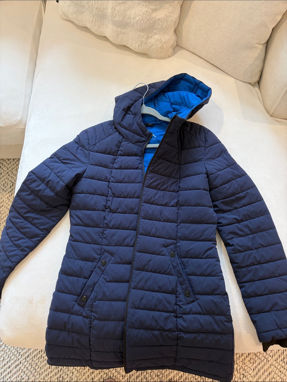 Women's Navy Quilted Hooded Puffer Coat with Bright Blue Lining